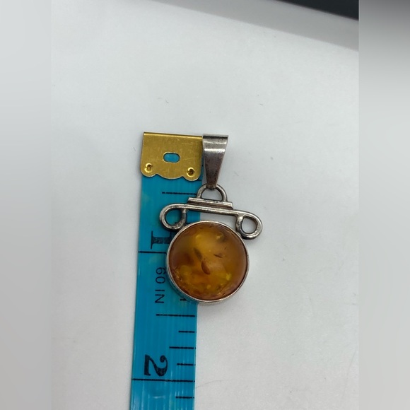 Vtg Sterling & Amber Cabochon Modernist Abstract Pendant 925 Silver | 1.4” x .9” - Picture 10 of 12